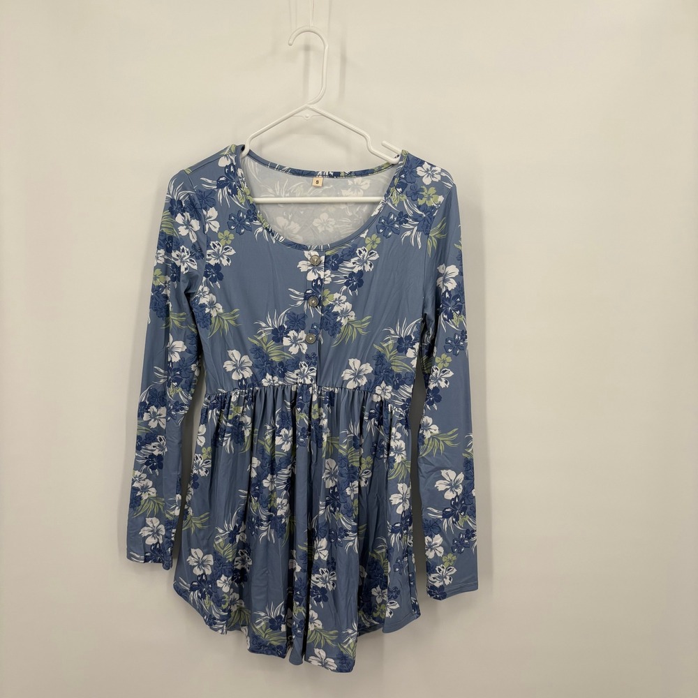 Floral Long Sleeve Tunic Top Blue White Button Front Empire Waist Small